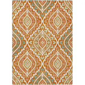 Photo of Orange Peach And Ivory Floral Washable Indoor Outdoor Area Rug