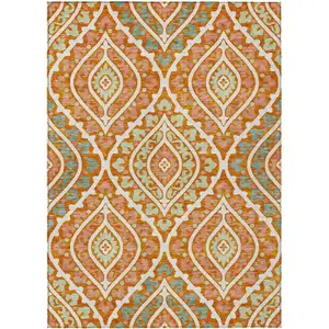 Photo of Orange Peach And Ivory Floral Washable Indoor Outdoor Area Rug