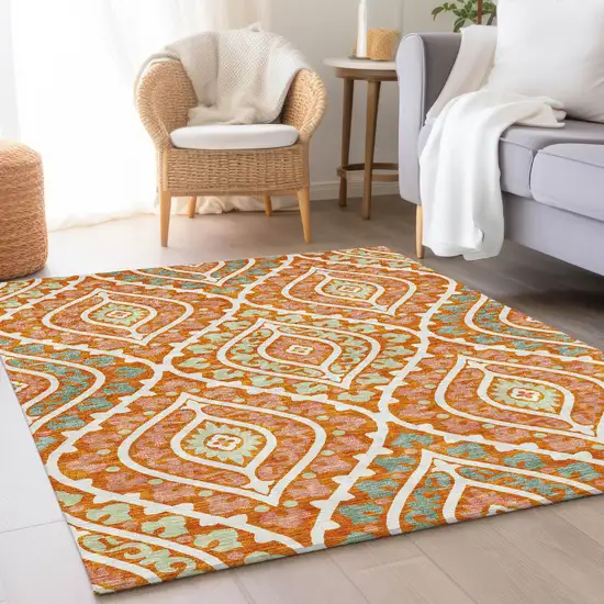 Orange Peach And Ivory Floral Washable Indoor Outdoor Area Rug Photo 8