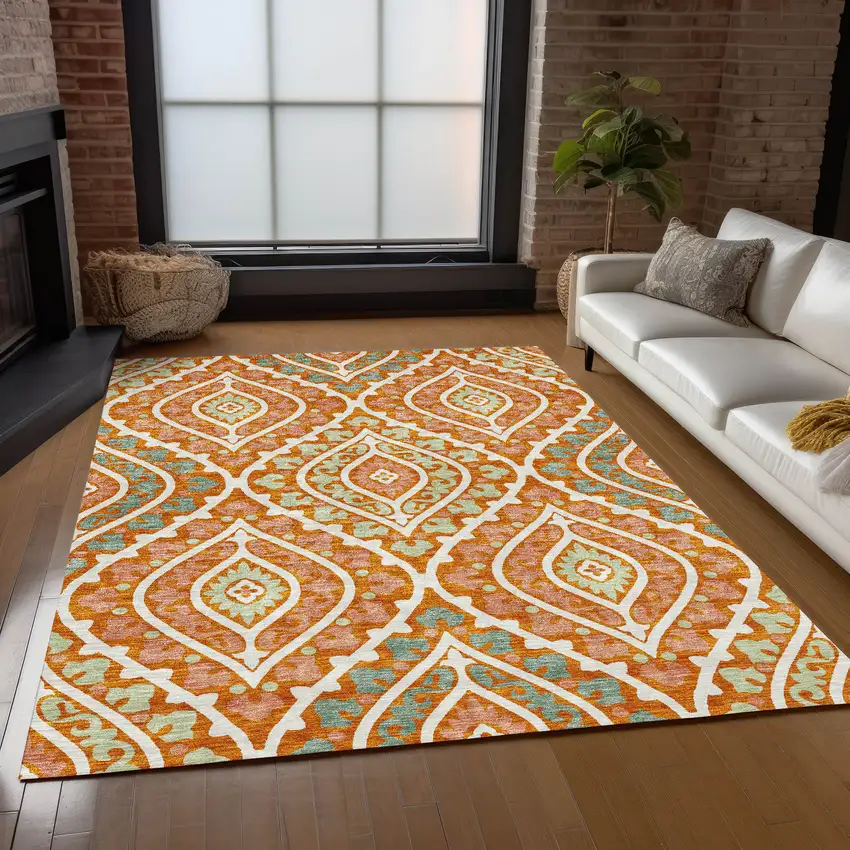 Orange Peach And Ivory Floral Washable Indoor Outdoor Area Rug Photo 9