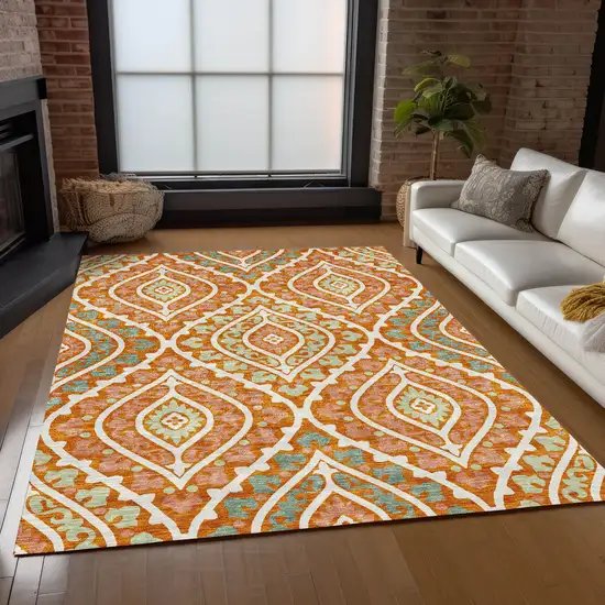 Orange Peach And Ivory Floral Washable Indoor Outdoor Area Rug Photo 9