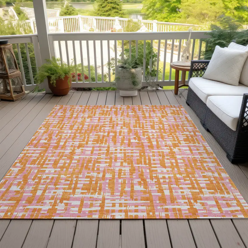 Orange Pink And Beige Abstract Washable Indoor Outdoor Area Rug Photo 8