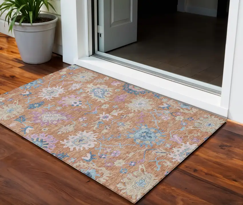Orange Pink And Denim Blue Floral Washable Indoor Outdoor Area Rug Photo 1