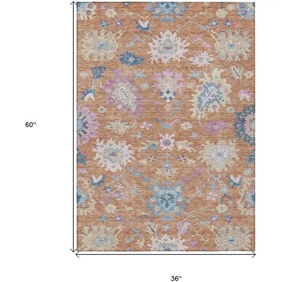 Orange Pink And Denim Blue Floral Washable Indoor Outdoor Area Rug Photo 8