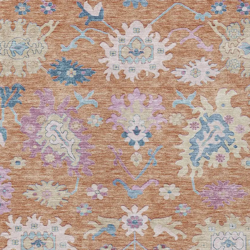 Orange Pink And Denim Blue Floral Washable Indoor Outdoor Area Rug Photo 6