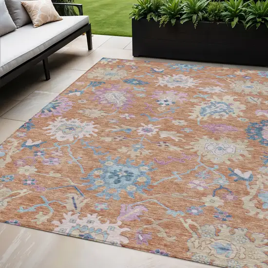 Orange Pink And Denim Blue Floral Washable Indoor Outdoor Area Rug Photo 1