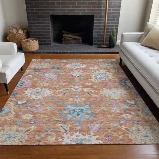 Orange Pink And Denim Blue Floral Washable Indoor Outdoor Area Rug Photo 9