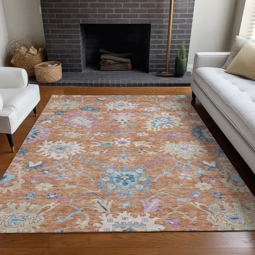 Orange Pink And Denim Blue Floral Washable Indoor Outdoor Area Rug Photo 9