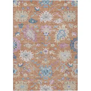 Photo of Orange Pink And Denim Blue Floral Washable Indoor Outdoor Area Rug