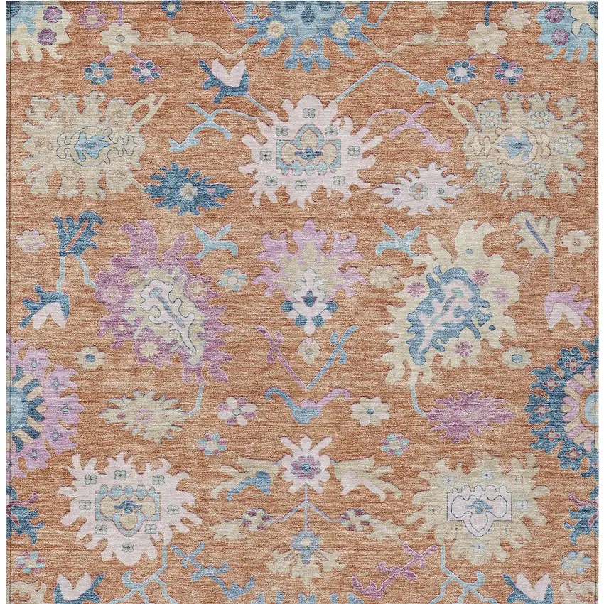 Orange Pink And Denim Blue Floral Washable Indoor Outdoor Area Rug Photo 6