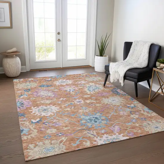 Orange Pink And Denim Blue Floral Washable Indoor Outdoor Area Rug Photo 9