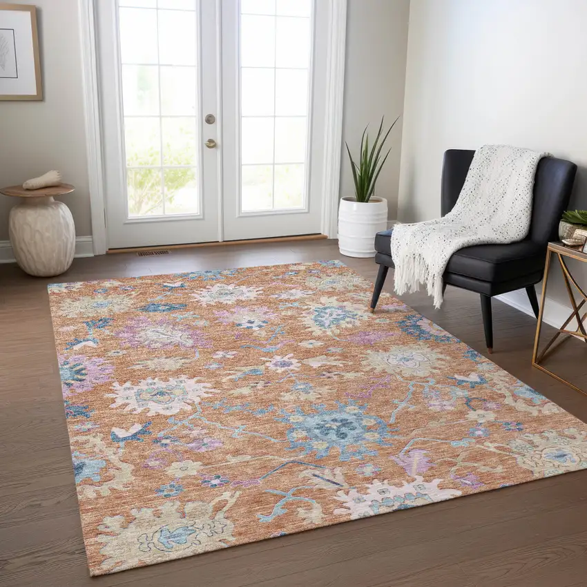Orange Pink And Denim Blue Floral Washable Indoor Outdoor Area Rug Photo 9
