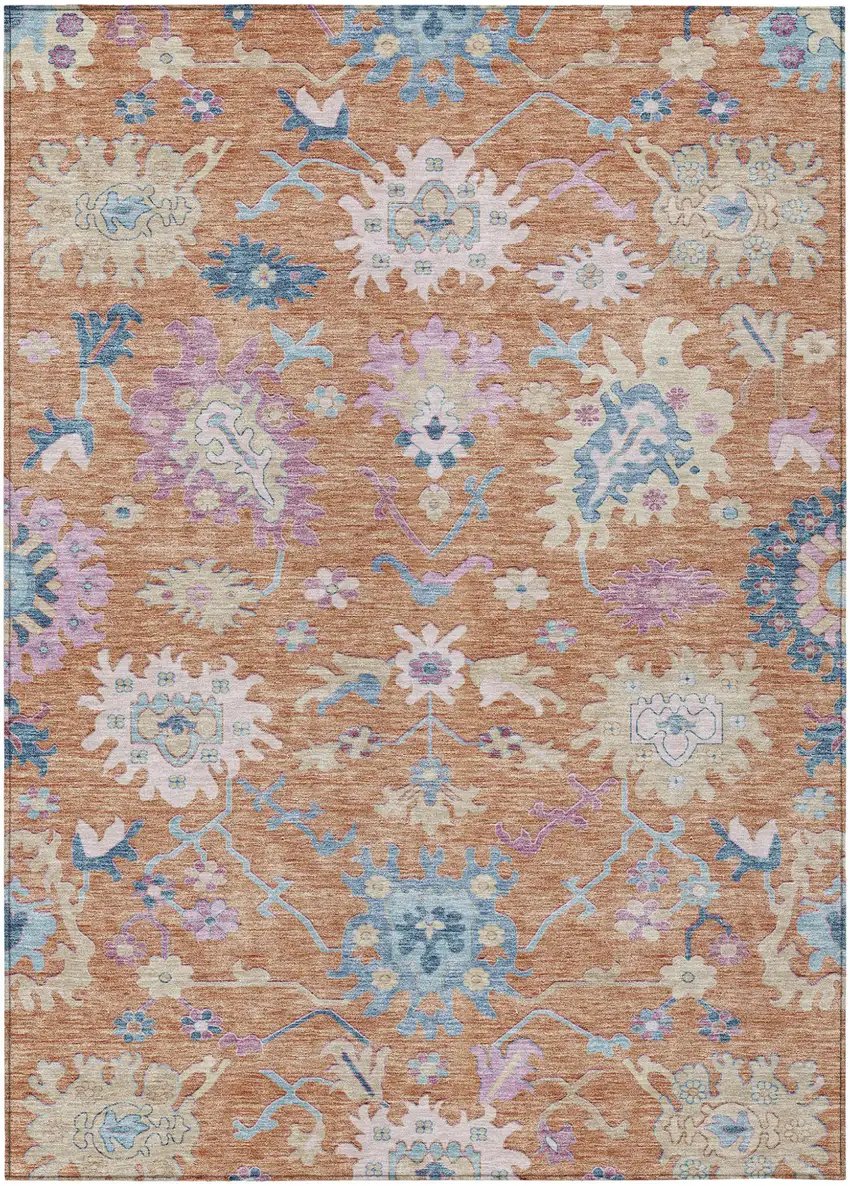Orange Pink And Denim Blue Floral Washable Indoor Outdoor Area Rug Photo 2