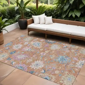 Photo of Orange Pink And Denim Blue Floral Washable Indoor Outdoor Area Rug
