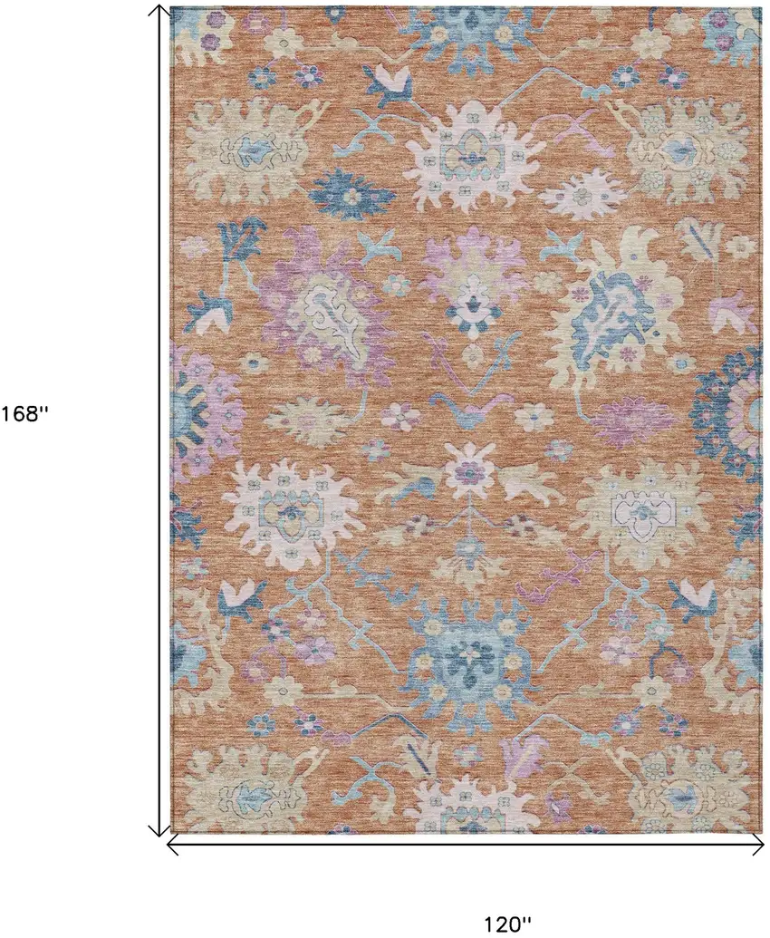 Orange Pink And Denim Blue Floral Washable Indoor Outdoor Area Rug Photo 8