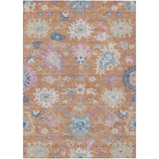 Orange Pink And Denim Blue Floral Washable Indoor Outdoor Area Rug Photo 2