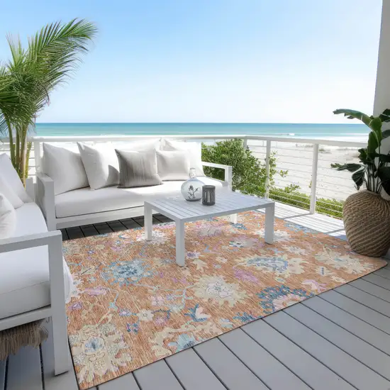 Orange Pink And Denim Blue Floral Washable Indoor Outdoor Area Rug Photo 8