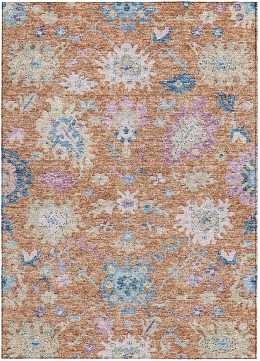 Orange Pink And Denim Blue Floral Washable Indoor Outdoor Area Rug Photo 7