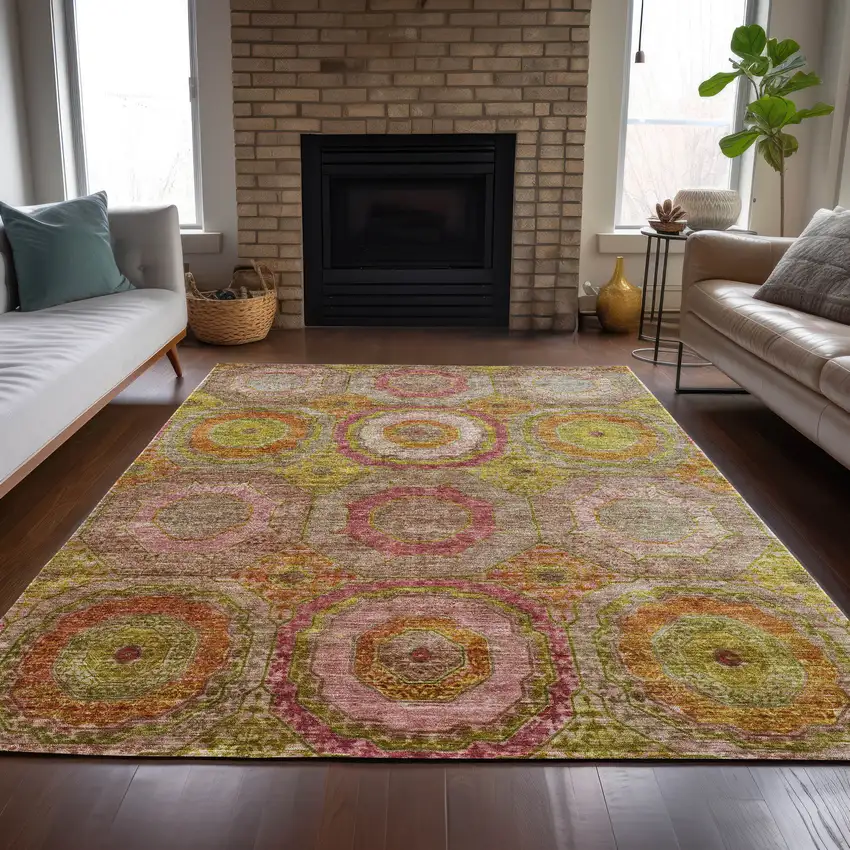 Orange Pink And Gold Geometric Washable Indoor Outdoor Area Rug Photo 8