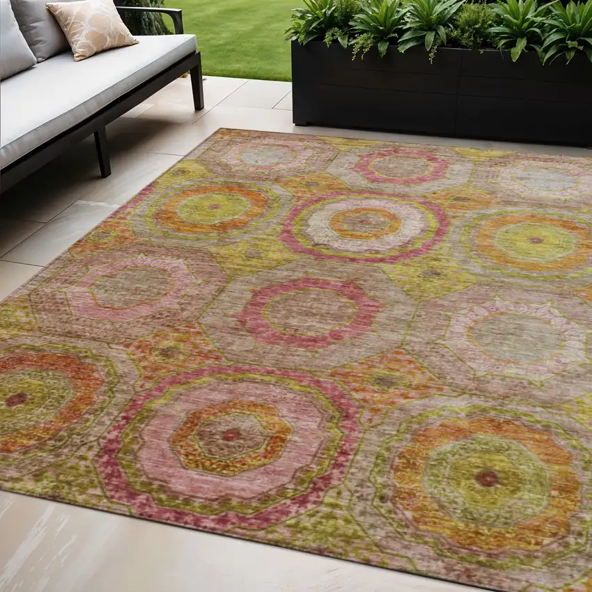Orange Pink And Gold Geometric Washable Indoor Outdoor Area Rug Photo 2