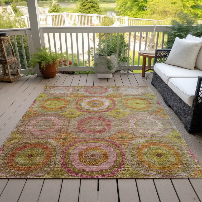 Orange Pink And Gold Geometric Washable Indoor Outdoor Area Rug Photo 9