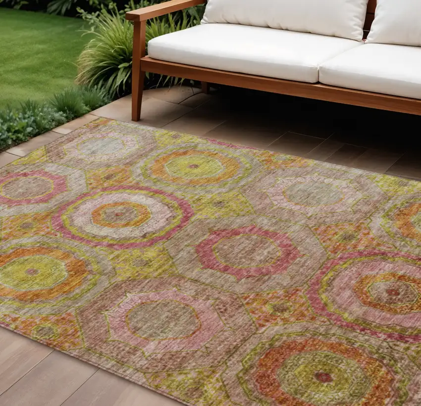 Orange Pink And Gold Geometric Washable Indoor Outdoor Area Rug Photo 2