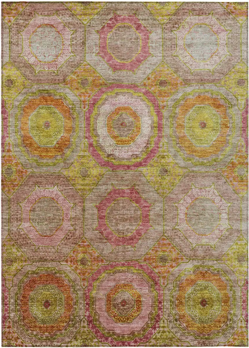 Orange Pink And Gold Geometric Washable Indoor Outdoor Area Rug Photo 1