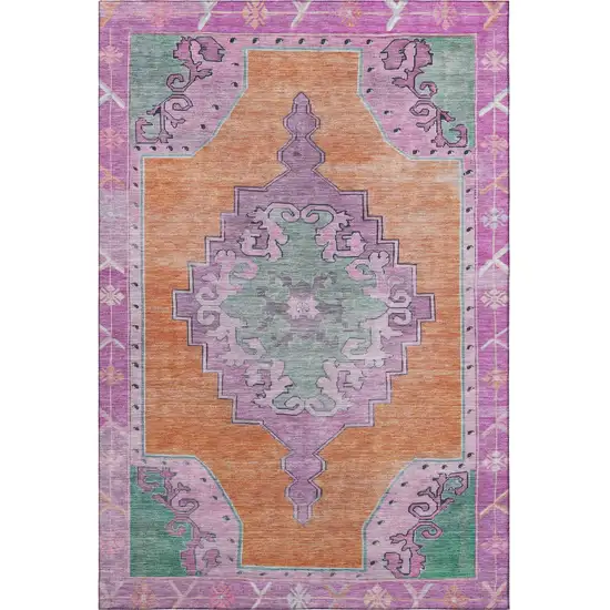 Orange Pink And Green Oriental Washable Area Rug With UV Protection Photo 3