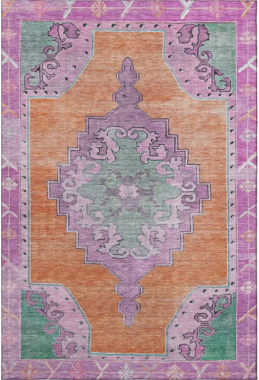 Orange Pink And Green Oriental Washable Area Rug With UV Protection Photo 3