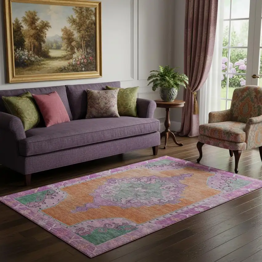 Orange Pink And Green Oriental Washable Area Rug With UV Protection Photo 2