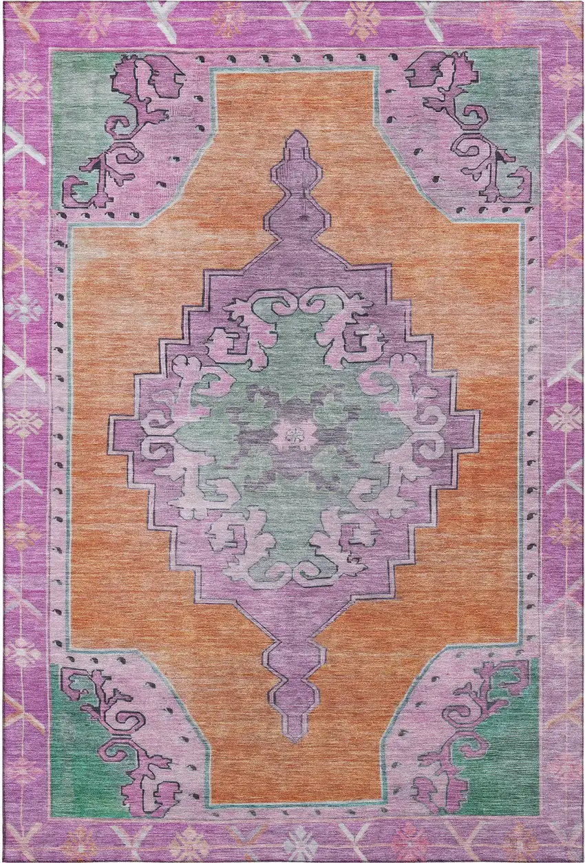 Orange Pink And Green Oriental Washable Area Rug With UV Protection Photo 1