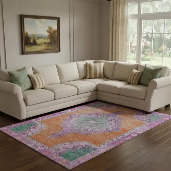 Orange Pink And Green Oriental Washable Area Rug With UV Protection Photo 2