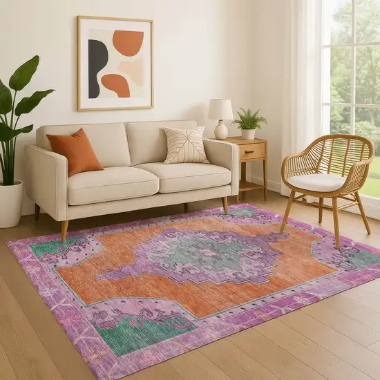 Orange Pink And Green Oriental Washable Area Rug With UV Protection Photo 4