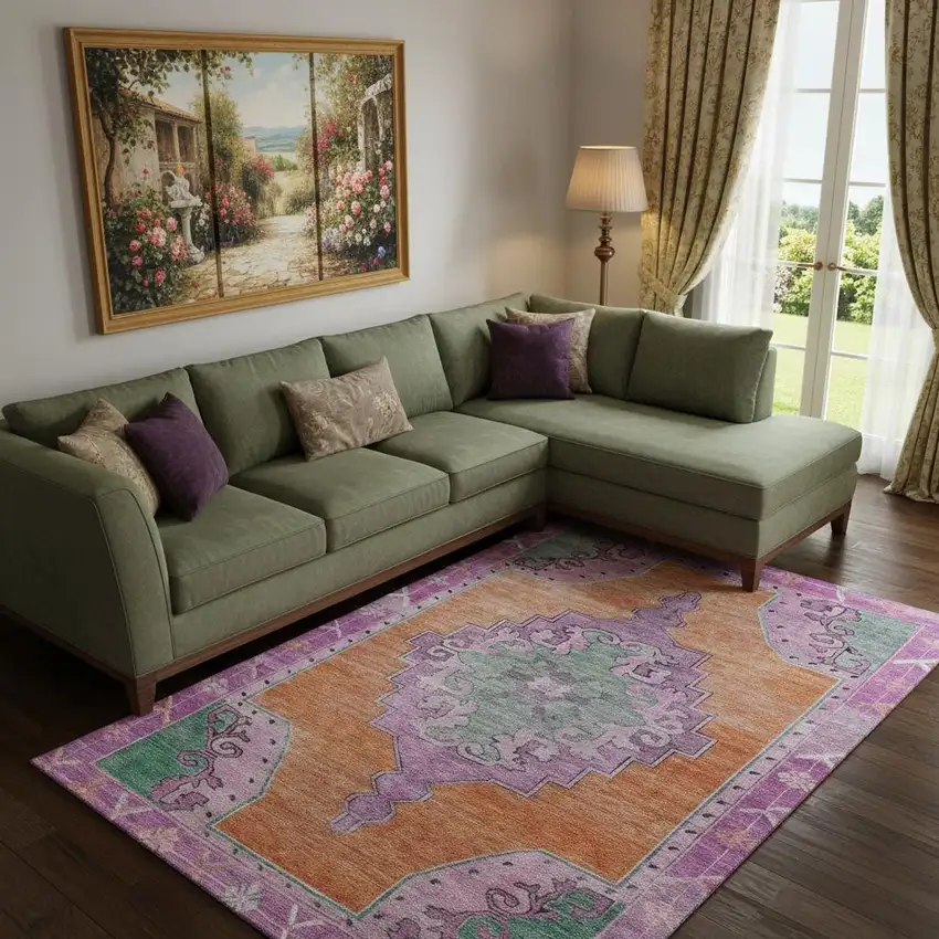 Orange Pink And Green Oriental Washable Area Rug With UV Protection Photo 2