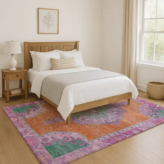 Orange Pink And Green Oriental Washable Area Rug With UV Protection Photo 5