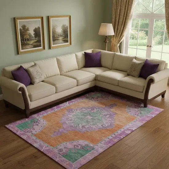 Orange Pink And Green Oriental Washable Area Rug With UV Protection Photo 2