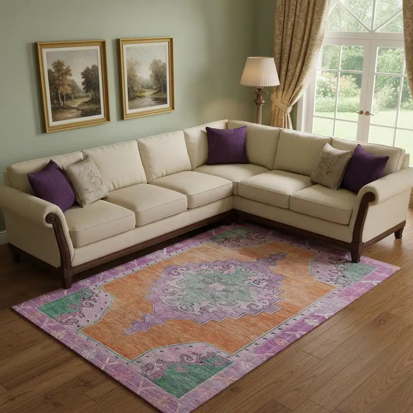 Orange Pink And Green Oriental Washable Area Rug With UV Protection Photo 2