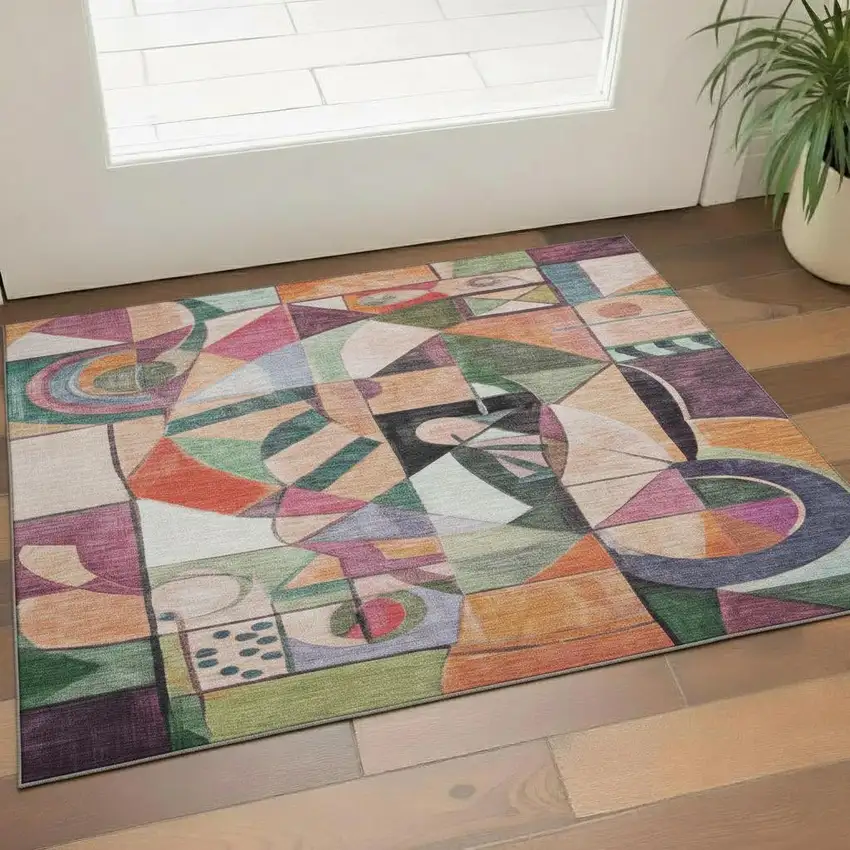 Orange Pink And Ivory Abstract Washable Area Rug With UV Protection Photo 2