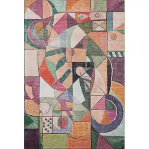 Photo of Orange Pink And Ivory Abstract Washable Area Rug With UV Protection