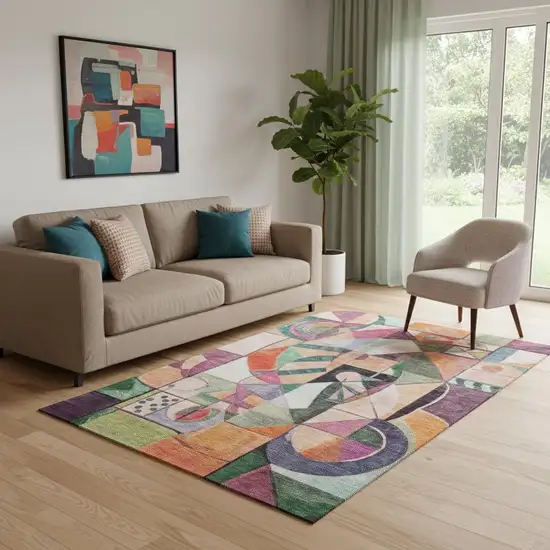 Orange Pink And Ivory Abstract Washable Area Rug With UV Protection Photo 2