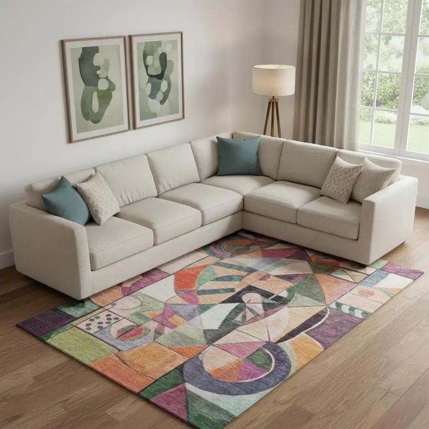 Orange Pink And Ivory Abstract Washable Area Rug With UV Protection Photo 2