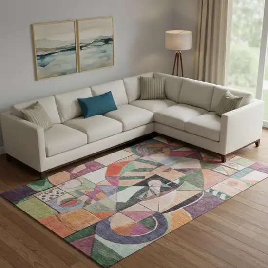 Orange Pink And Ivory Abstract Washable Area Rug With UV Protection Photo 2