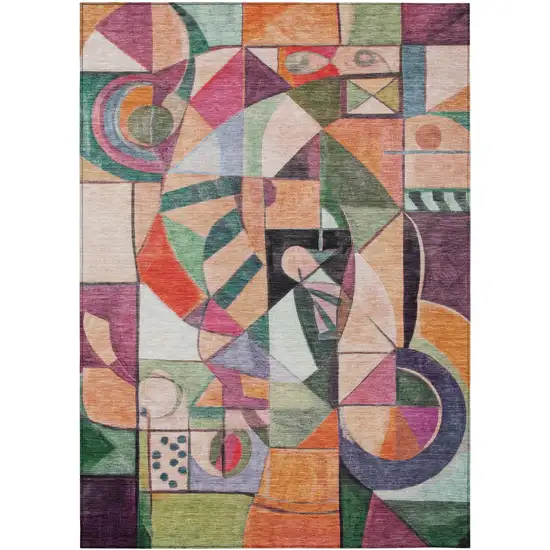 Orange Pink Green And Purple Abstract Washable Indoor Outdoor Area Rug Photo 1