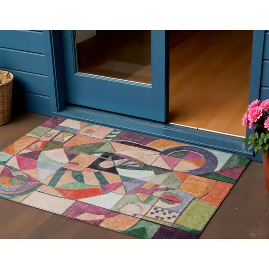 Orange Pink Green And Purple Abstract Washable Indoor Outdoor Area Rug Photo 2