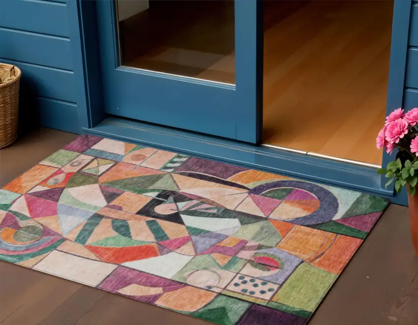 Orange Pink Green And Purple Abstract Washable Indoor Outdoor Area Rug Photo 2