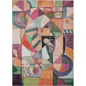 Photo of Orange Pink Green And Purple Abstract Washable Indoor Outdoor Area Rug