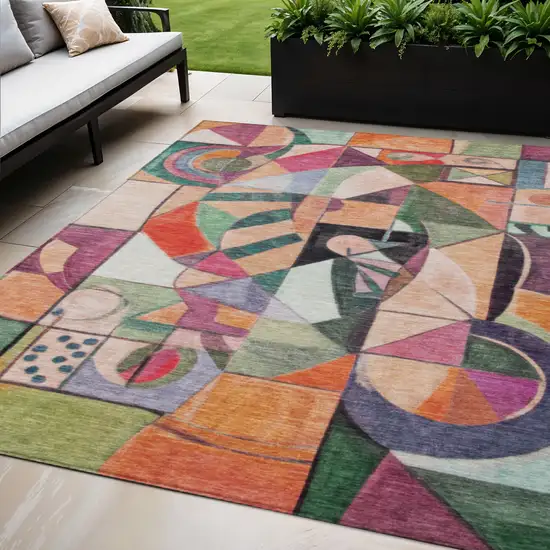 Orange Pink Green And Purple Abstract Washable Indoor Outdoor Area Rug Photo 2