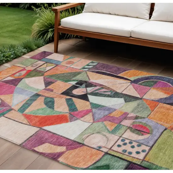 Orange Pink Green And Purple Abstract Washable Indoor Outdoor Area Rug Photo 2