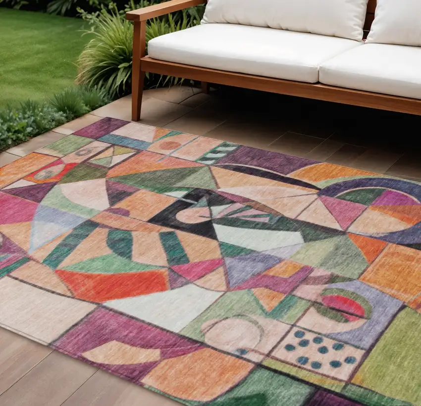 Orange Pink Green And Purple Abstract Washable Indoor Outdoor Area Rug Photo 2