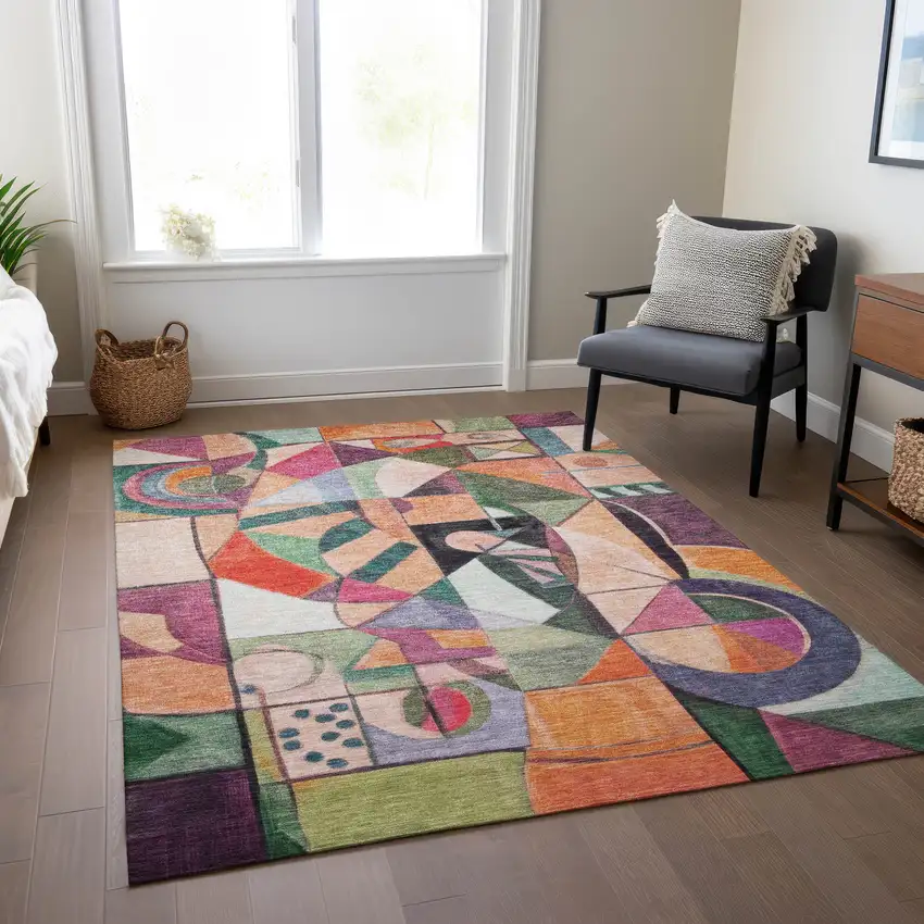 Orange Pink Green And Purple Abstract Washable Indoor Outdoor Area Rug Photo 7